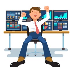 Vector illustration successful businessman young trader with hands raised sitting at trader desk in trader room with computer stock market graph diagram information isolated. Concept business success