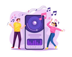 Vector illustration Streaming music. People streaming music in online platform, Streaming music mobile app concept. People hearing music with headphones and smartphone. Vector flat illustration