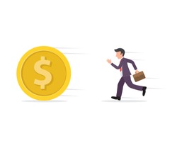 illustration of a businessman or debt collector running or chasing a coin or money symbol