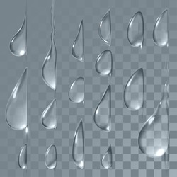 Flowing transparent vector water drops set. Condensation droplet can be applied for any background without losing visibility