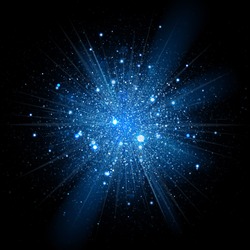 Blue glowing light glitter background effect. Magic glow sparkling texture. Magical star dust sparks light effect in explosion on black background. Vector Illustration