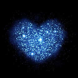 Blue glitter particles in heart shape. Sparkling diamond texture. dust glittering sparks in explosion on black background. Vector love saint valentine greeting card