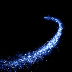Blue magic light trail of glittering comet tail. Glowing glitter sparkles. Shining diamond spray isolated on black background