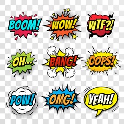 Vector comic speach bubble with prase Boom, Wow, WTF, Oh, Bang, Oops, Pow, OMG, Yeah. Comic cartoon sound bubble speech set on transparent background.
