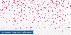 Heart confetti of Valentines petals falling on transparent background. Flower petal in shape of heart confetti for Women's Day