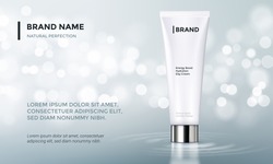 Cosmetic design template. Vecror tube packaging with glossy silver cup on silver glitter background with bokeh