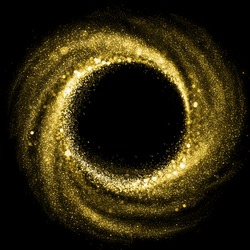Gold glitter particle swirl circle effect. Vector sparkling light twirl of glowing glittering particles whirl texture. Space star dust round shine or wind wave spin with glow tail on black background