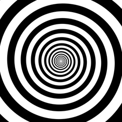 Hypnotic circles abstract vector optical illusion spiral swirl. Hypnotize circular pattern background of black and white rotating circles or psychedelic hypnosis lines in hypnotic motion.