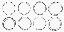 Hand drawn circle line sketch set. Vector circular scribble doodle round circles for message note mark design element. Pencil or pen graffiti  bubble or ball draft illustration.