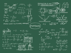 Physics theme.  Retro education and scientific background. Scientific knowledge, formulas. Vector hand-drawn illustration on blackboard.