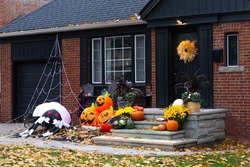 Evening view of a beautiful Halloween decorated house in Toronto, Canada.