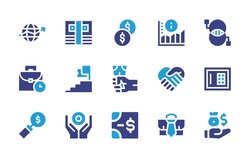 Business icon set. Duotone color. Vector illustration. Containing economy, bills, pie chart, graphic, coin, money, income, responsibility, success, investment, safebox, banknote, employment, work time