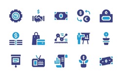 Business icon set. Duotone color. Vector illustration. Containing settings, currency, partnership, money, banknote, presentation, growth, shopping, investment, chart, analytics, id card.
