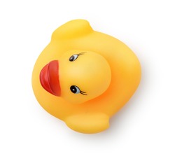 Top view of yellow rubber bath duck isolated on white