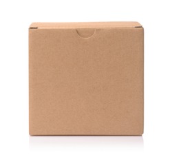 Front view of blank brown cardboard box isolated on white