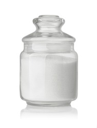 Front view of  refined granulated sugar in glass jar isolated on white