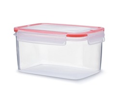 Empty clear reusable plastic storage container isolated on white
