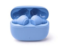 Front view of blue wireless earbuds in charging case isolated on white