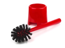 Red plastic toilet brush isolated on white