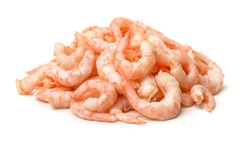 Pile of boiled peeled  shrimps isolated on white