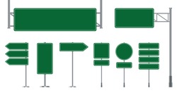 Set of road signs isolated on a white background. Green traffic signs.