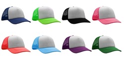 Set of blue, navy, green, black, red and pink Trucker cap isolated on white background. Different cap isolated. Assorted baseball cap. Mock-up for branding.