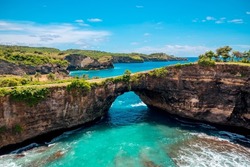 Angel beach. Angel's Billabong beach, the natural pool on the island of Nusa Penida, Klingung regency, Bali, Indonesia. Must visit tourist attraction in Bali in beautiful sunny day.