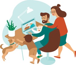 Young family with kids making a distant call to elderly parents on internet during quarantine. Flat concept illustration for coronavirus covid-19 outbreak