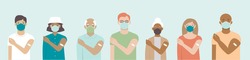 Ethnically diverse and mixed age group of people showing their shoulders with band-aids on after getting a vaccine. Set of multiracial characters. Team vaccinated. Vaccination campaign concept. vector