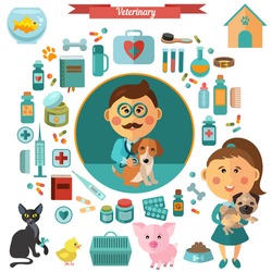 Vector set in flat style with vet, nurse, dog, cat, pag, medicine and pet accessories