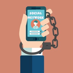 Smartphone Addiction, social network handcuffs vector illustration