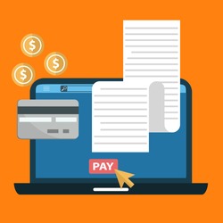 Online digital invoice laptop or notebook with bills credit card money coins flat illustration.