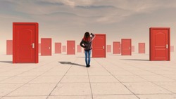 Confused woman standing in front of multiple doors . The concept of hard choices.