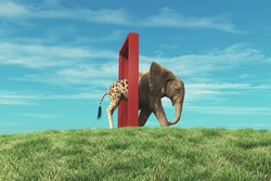 Giraffe entering a door and gets out as an elephant . Changing mindset and different approach concept . Life changing decision and new opportunities . This is a 3d render illustration .