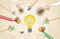 Crowdfunding concept with hands holding money to give their support around brain light bulb idea.