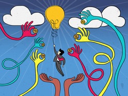 Crowdfunding concept. Many hands giving their fund to support startup entrepreneur, a businessman, hangs on light bulb for good idea.