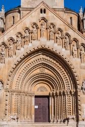 View of the Portal of the Church of Jak is a functioning Catholic chapel in the City Park of Budapest, Hungary. 