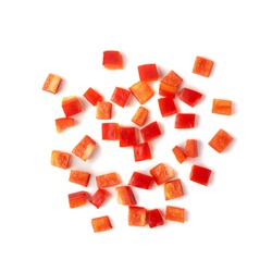 Chopped paprika or red sweet pepper cuts isolated on white background top view. Diced bell pepper