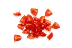 Diced plum tomato group isolated. Fresh small cherry tomatoes pieces, sliced cocktail tomate on white background top view