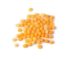 Corn balls pile isolated. Cheese puffs with spices, crunchy snacks, scattered salty corn balls top view