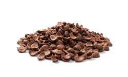 Chocolate corn flakes isolated. Cornflakes pile for breakfast, heap of brown choco cereals, crispy rice flakes, healthy snack group on white background side view