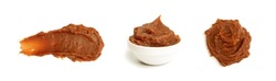 Miso paste isolated. Japanese seasoning, fermented soybean spread, puree for soup, brown soy cream for japan broth, miso paste on white background