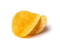 Potato chips isolated. Crispy thin potato snack pile, fast food snacks on white background