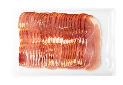 Prosciutto packaging isolated. Spanish jamon slices in plastic bag, parma ham on tray, vacuum packed sliced serrano, iberico, spanish ham, cured meat snack on white background top view