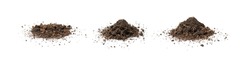 Peat soil isolated. Dried dry dirt, ground pile, manure soil, arid dirt, natural black turf, dirty earth texture on white background side view