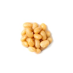 White kidney beans isolated. Cooked cannellini bean pile, baked legume, canned yellow beans, Phaseolus vulgaris, haricot stew, boiled leguminous ingredient on white background top view