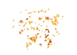 Roasted Onion Isolated, Scattered Dry Onion Pieces, Bulb Chips, Deep Fried Vegetable, Caramelized Shallot Sprinkles, Crispy Fried Onions on White Background
