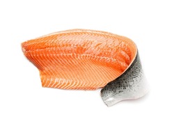 Fresh Salmon Fillet Isolated, Raw Norwegian Red Fish, Trout Meat Piece, Big Fresh Atlantic Salmon Fillet on White Background