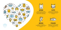 Pet shop banner template with vector graphic icon set in heart form. Card flyer poster illustration with your text for veterinary clinic, zoo, petfood. Flat style design with cat, dog, fish, bird
