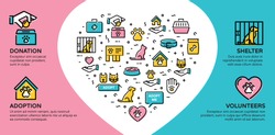Vector animal help icon banner. Line pictogram web poster of pet donation, charity, adoption, shelter, volunteers. Flyer illustration background with heart and place for text.Dog and cat care sign set